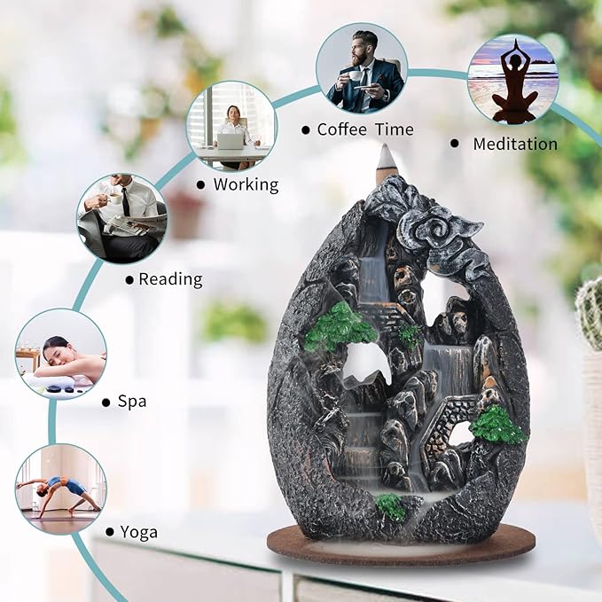 Backflow Incense Holder Resin Mountain Incense Burner Fountain Waterfall Incense Holders Home Decor with 120 Pcs Backflow Incense Cones 30 Pcs Incense Sticks (Creek)