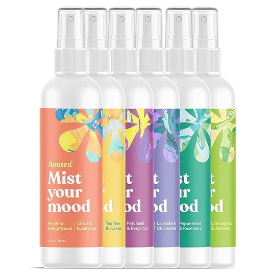 ASUTRA Multi-Use Essential Oil Aromatherapy Spray (6 Scent Variety Pack), 4 fl oz each – Mist for Face, Body, Rooms & Linens – Car, Fabric, and Bathroom Freshener