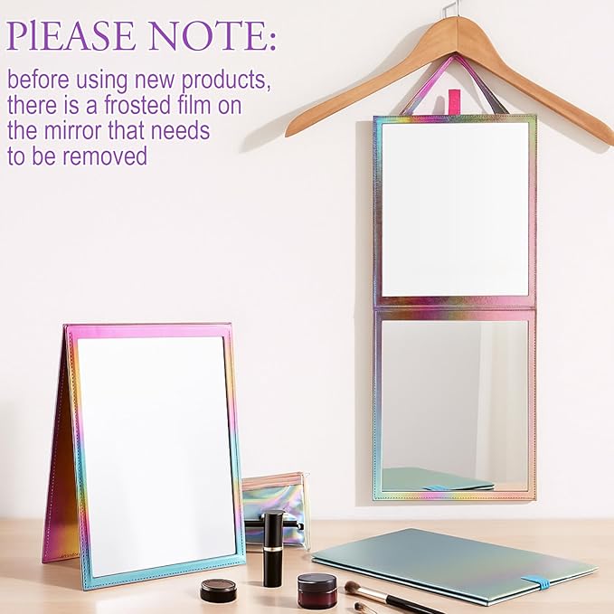 Chunful Foldable Backstage Mirror with Handle Holographic 33.5 X 13.4 Inch Folding Hanging Mirror Rectangular for Travel Dance Bag Home Fitness Spa Gift for Dancers(Colorful)