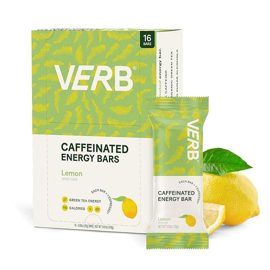 Verb Caffeinated Energy Bars Lemon (26g, Pack of 16) 110-Calorie Delicious Low Sugar Energy Bar - Vegan Gluten Free On-the Go Snack with 80mg Green Tea Caffeine, Only Real-Food Ingredients