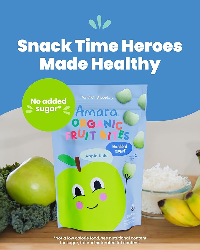 Amara Organic Fruit Bites Apple Kale - No Artificial Colors/Dyes, Added Sugar, Dairy-Free Fruit Snacks, Made with Organic Whole Foods, Healthy Fruit Snacks for Kids - 6 Pack