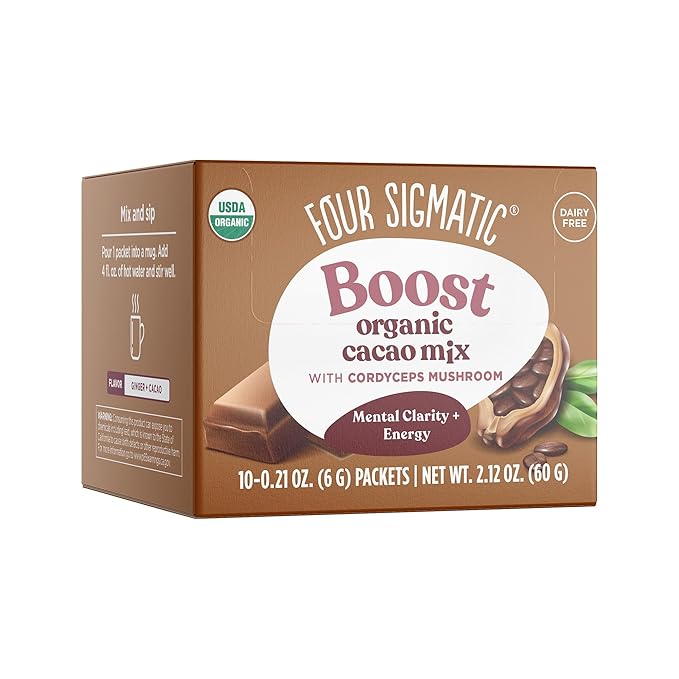 Four Sigmatic Boost Mushroom Cacao | Organic Instant Cacao with Cordyceps & Ginger | Supports Stamina & Energy | Drink it or Bake with it | 10 Packets