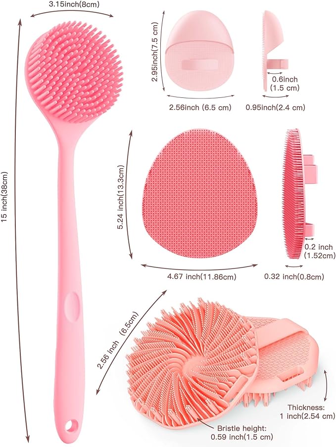 Manmihealth Silicone Back Scrubber & Soft Bath Glove, Silicone Scalp Massager Set 5 PCS, Super-Exfoliating Body Scrubber Shower Brush & Shampoo Brush Combination, with 2 Free Hooks (Style 2 Pink)