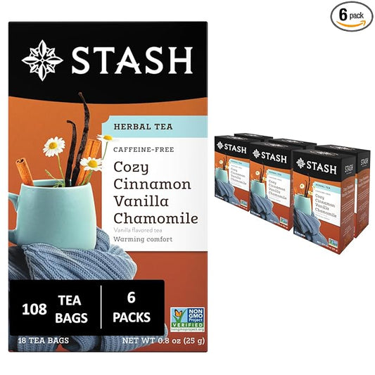 Stash Tea Cozy Cinnamon Vanilla Herbal Tea - Naturally Caffeine Free, Non-GMO Project Verified Premium Tea with No Artificial Ingredients, 18 Count (Pack of 6) - 108 Bags Total