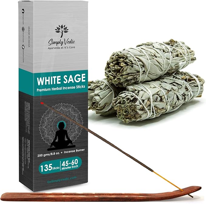 Simply Vedic White Sage Incense Sticks 250g (135 Sticks + Holder), Natural, Long Lasting, Aromatherapy, Meditation, Yoga, Spiritual Healing