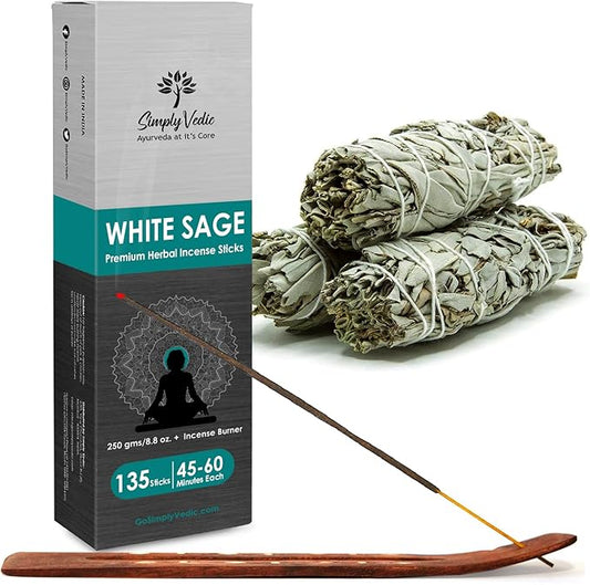 Simply Vedic White Sage Incense Sticks 250g (135 Sticks + Holder), Natural, Long Lasting, Aromatherapy, Meditation, Yoga, Spiritual Healing