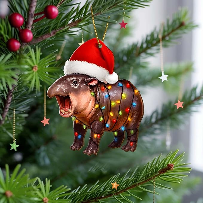 2 Side Printed Flat Christmas Wooden Ornaments, Animal Keepsake Hanging Tree Decoration, Moo Hippo Ornament