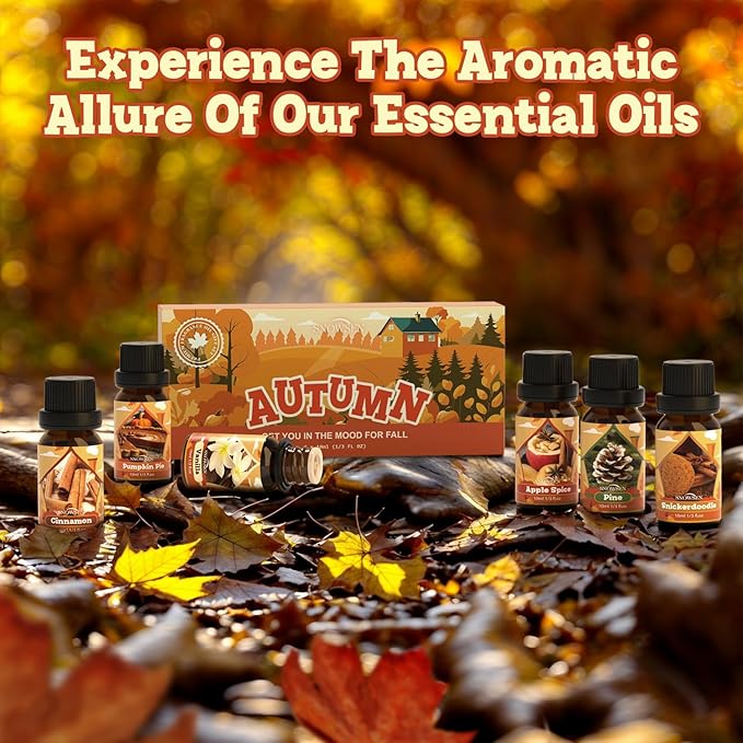 Autumn Essential Oil Set, Fragrance Oil Set for Diffuser, Soap & Candle Making, Humidifiers - Apple Spice, Pumpkin Pie, Pine, Cinnamon, Vanilla, Snickerdoodle Scents Oils for Home Care 6x10ml