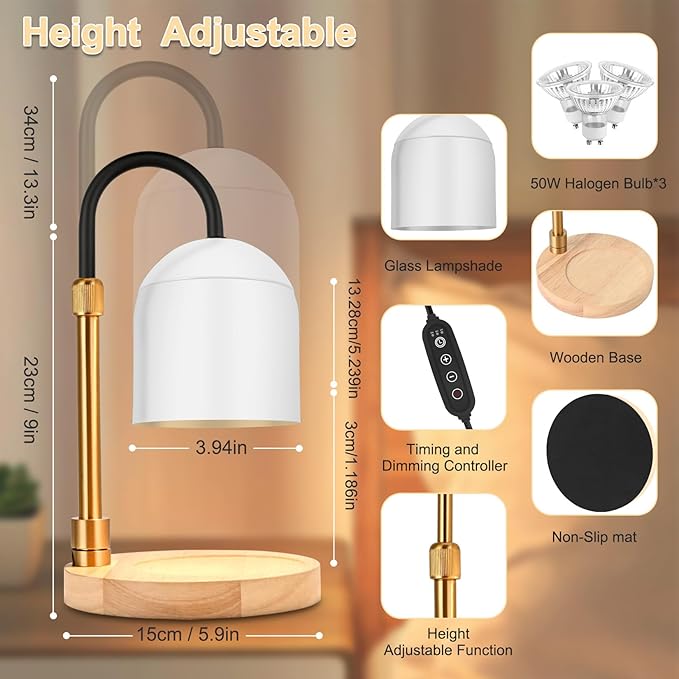 Candle Warmer Lamp with Timer & 3 Bulbs, Dimmable Electric Candles Light Adjustable Height and Brightness, Candle Wax Warmer for Jar Bedroom Home Decor House Warming Gift (Round White)