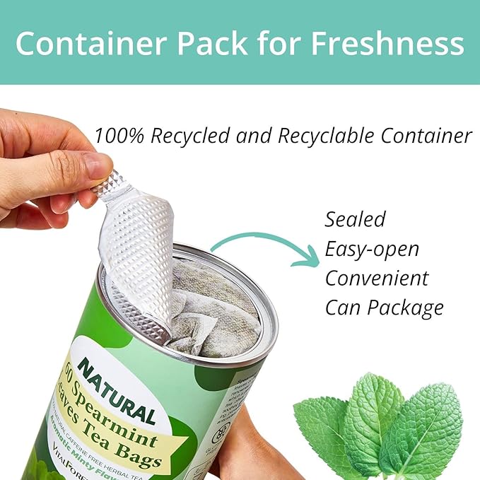 60 Spearmint Tea Bags - VitalForest Premium Dried Spearmint Leaves - Spear Mint Tea - Refreshing & Minty, Caffeine Free, Corn Fiber Tea Bags, Canister Pack for Freshness