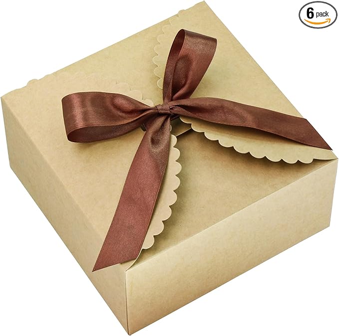 8"x 8"x 4" Kraft Gift Box with Lids and Ribbons, 6 Pack Foldable Brown Paper Cardboard Boxes for Gifts Wrapping, Bridesmaid Proposal Wedding Birthday Christmas Party Favor, Reusable, Bulk