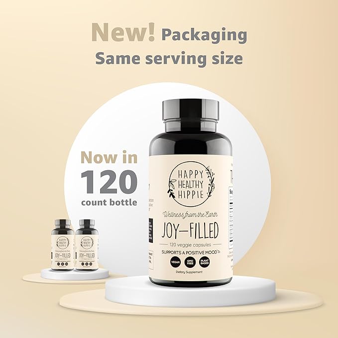 Joy-Filled Mood Support Supplement - 7 Herb Complex w/St. Johns Worts (120 Ct) | Stress Relief Supplement with Rhodiola Rosea, Eleuthero | Helps Calm The Mind & Body | 100% Plant-Based Happy Pills