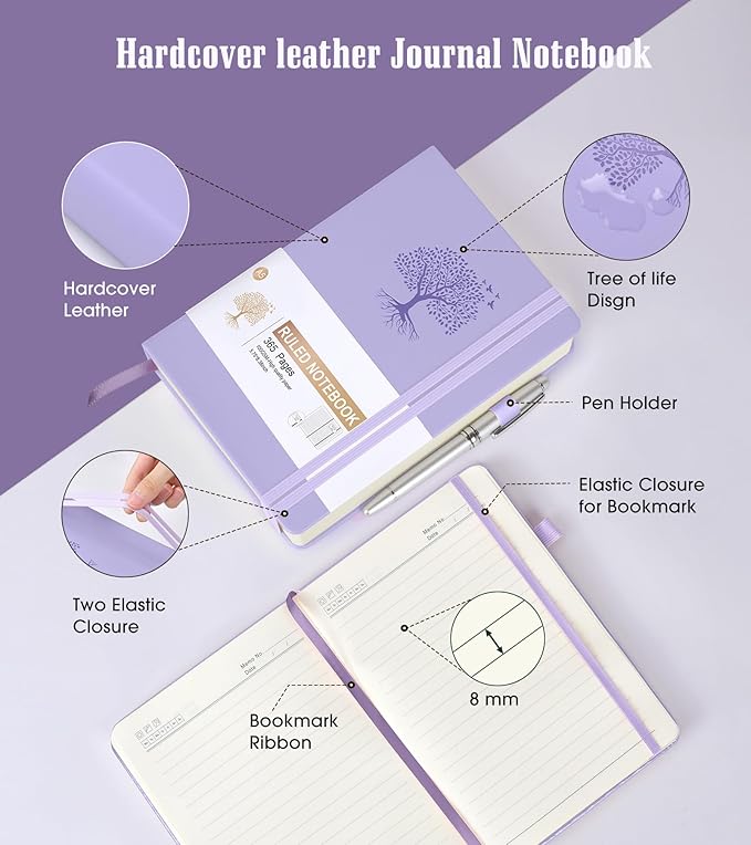 Lined Journal Notebook -365 Pages A5 Thick Journals for Writing Ruled Notebook, Pink Hardcover Leather Journals for Women Men, Daily Journal Notebook for Work, Note Taking ( 5.75'' X 8.38'' Purple)