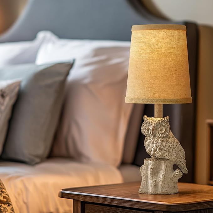 14.25" Small Table Lamps Set of 2 Owl Lamps for Home Decor Rustic Farmhouse Vintage Bedside Table Resin Retro Nightstand, White