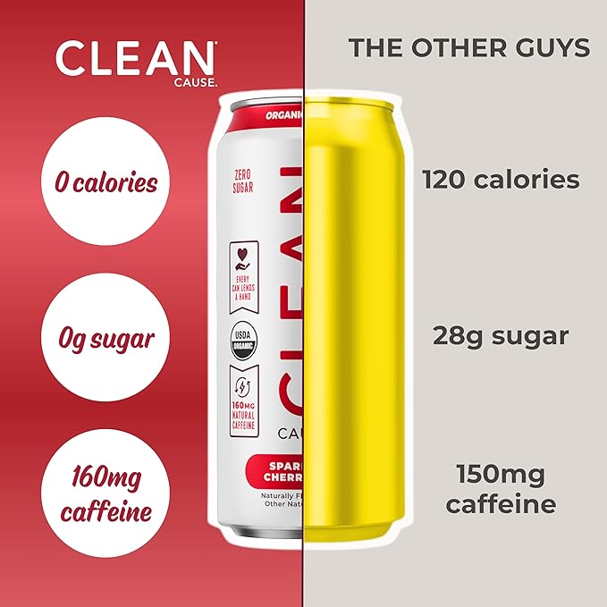 CLEAN Cause Zero Sugar Cherry Lime Yerba Mate Tea Sparkling, USDA Organic Energy Drink Alternative, Zero Calorie, 160mg Natural Caffeine, Soda Alternative, Plant-Based (16oz cans, 12-Pack Case)