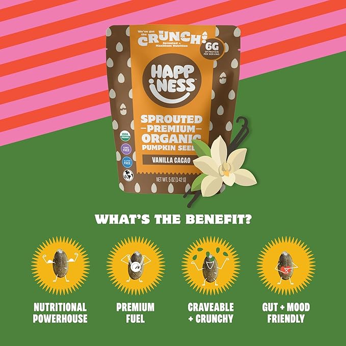 Happiness Foods™ Vanilla Cacao – Sprouted Organic Raw Pumpkin Seeds – High Protein, Certified USDA Organic, Non-GMO, Low Carb, Vegan, Gluten-Free, Mood Booster Snacks – 5 oz