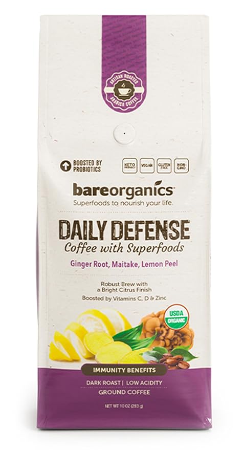 Daily Defense Organic Ground Bagged Coffee – Coffee with Maitake, Ginger Root, Lemon Peel & Superfoods – Healthy Mold Free Probiotic beverage, Vegan, Gluten Free
