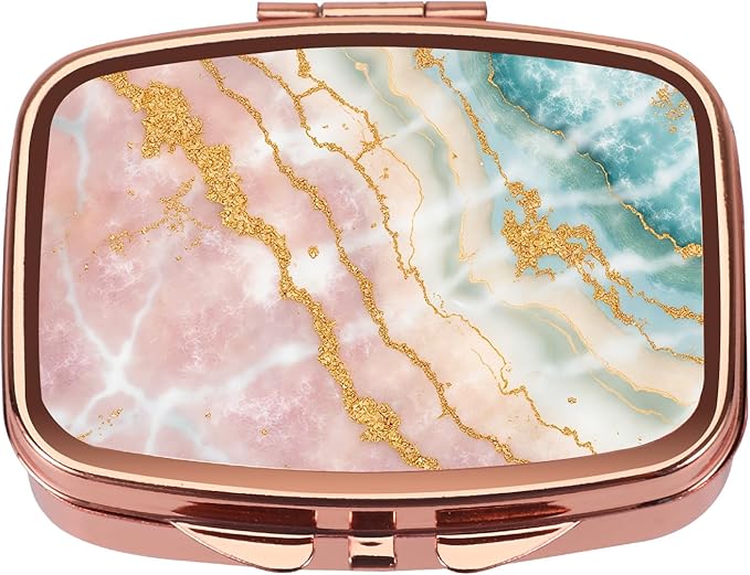 Dynippy Pill Case Pill Box with Mirror Retro Pocket 2 Compartment Medicine Case Vitamin Pill Organizer for Pocket Purse and Travel - Rose Gold-Marble Veins