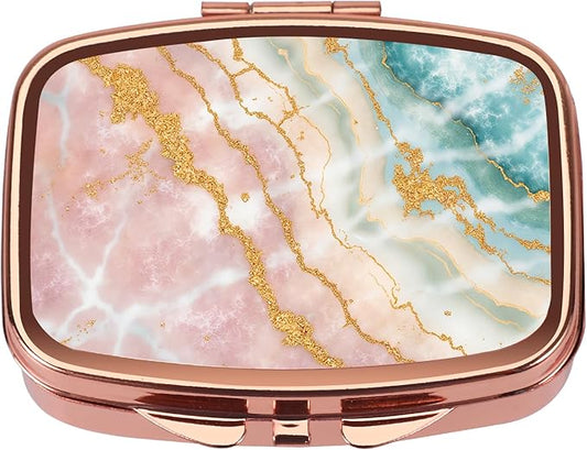 Dynippy Pill Case Pill Box with Mirror Retro Pocket 2 Compartment Medicine Case Vitamin Pill Organizer for Pocket Purse and Travel - Rose Gold-Marble Veins