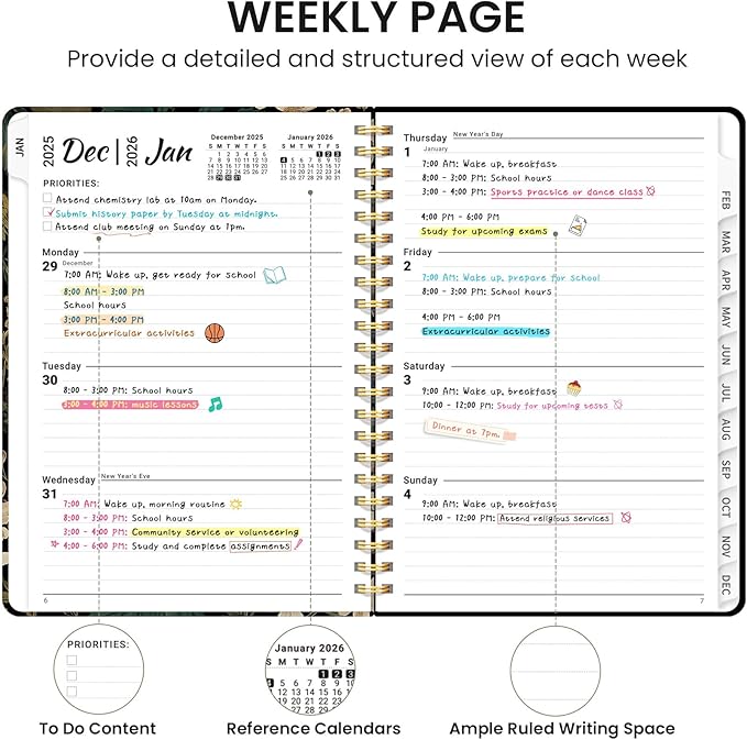 2026 Planner, Monthly and Weekly Calendar Planner for Women, January 2026 - December 2026, Hardcover Pretty 2026 Agenda Planner Book with Tabs, Spiral Bound, Perfect for School Office Home Supplies, 6.3" x 8.5" - Forest Botanica