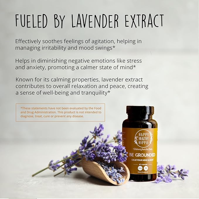 Happy Healthy Hippie Be Grounded Stress Relief Supplement – Lavender Pills | Promotes Calmness & Relaxation | Quick Acting | Magnesium Glycinate 100mg, L Theanine, Lemon Balm Leaf, | Herbal, 60 Ct