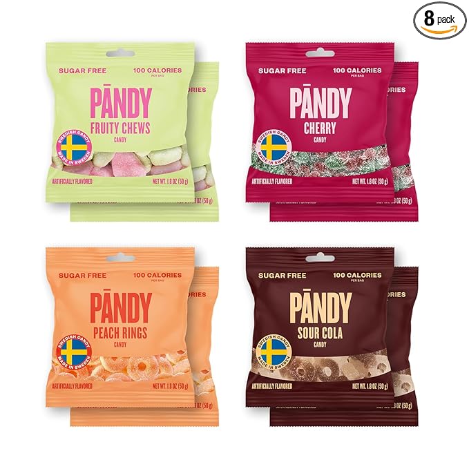 Pandy Swedish Candy Sugar Free Candy - Swedish Candy Mix 4 Flavors - Diet Candy Keto Gummy Low Calories Snacks - Healthy Foam Sweets Pack of 8 x 1.8oz