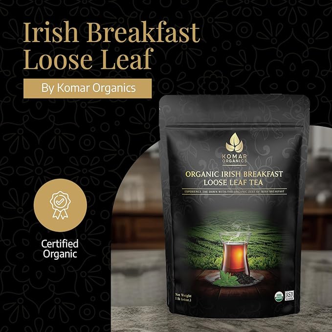 Komar Organics Irish Breakfast Tea – 16Oz USDA Organic Black Loose Leaf Tea – Certified Kosher Ceylon and Assam Black Tea Loose Leaf Rich in Antioxidants – Energy Boosting Organic Black Tea for Morning, Afternoon