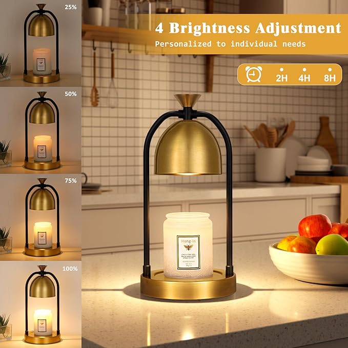 Gold Candle Warmer Lamp with Timer-Modern Room Decor Aesthetic Vintage, Gifts for Women,Dimmable Wax Melt Warmer for Scented Wax with 2 Bulbs