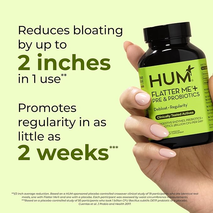 HUM Flatter Me Digestive Enzymes Plus Prebiotics & Probiotics, Digestive Health Bloating Supplement for Women & Men, Fast Acting Anti Bloat Pills Multi Enzyme for Debloating, Vegan, 60 Capsules