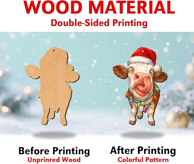 Farmhouse 2 Side Printed Wooden Ornament, Farm Animal Tree Decoration, Dairy Cow Ornament, Holiday Hanging Keepsake Gift for Christmas