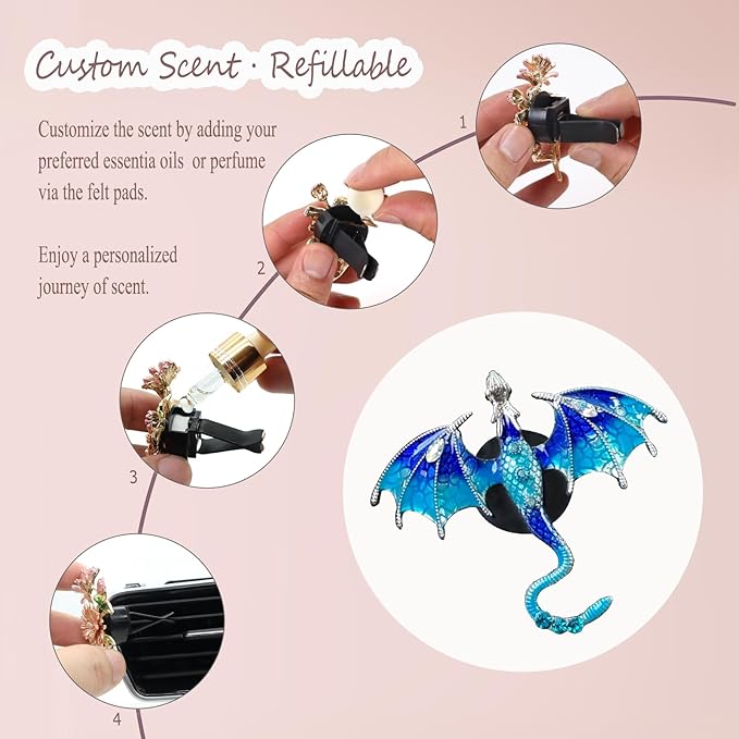 Bling Wyvern Car Air Freshener Vent Clips,2pcs Alloy Blue Enamel Dragon Vent Clips Car Accessories,Refillable Car Diffuser with Felt Mads,Coffee Fragrance Tablets