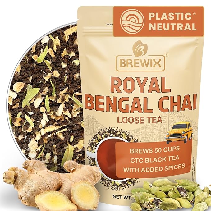 BREWIX, Royal Bengal Masala Chai Tea with Ginger and Cardamom | Loose Leaf CTC TEA (50+ Cups, 3.53oz/100g) Strong Robust & Aromatic, All Natural | Blended with Exotic Spices