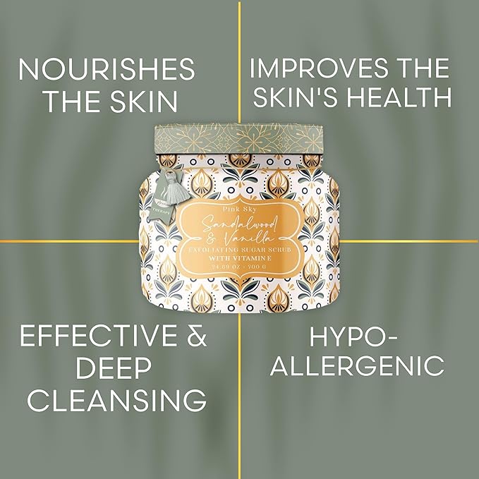 Pink Sky Exfoliating Body Scrub - Ultra Gentle Sugar Scrub for Smooth Skin - Premium Body Scrubs for Radiant, Soft Skin - Ideal Exfoliator for All Skin Types - 700g (Sandalwood & Vanilla, 24.69 Oz)
