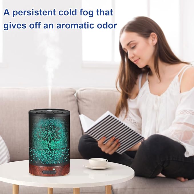 Essential Oil Diffuser- Aromatherapy Diffuser with7 Colors Light and Auto-Off for Women Metal Cool Mist Humidifier for Home and Office(Tree)