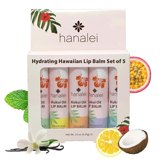 Hanalei Lip Balm & Moisturizer Variety Pack (5 Tubes) – Hydrating Care with Natural Kukui Oil & Beeswax – Soothes, Repairs & Nourishes Dry, Chapped Lips – Long-Lasting Moisture & Protection