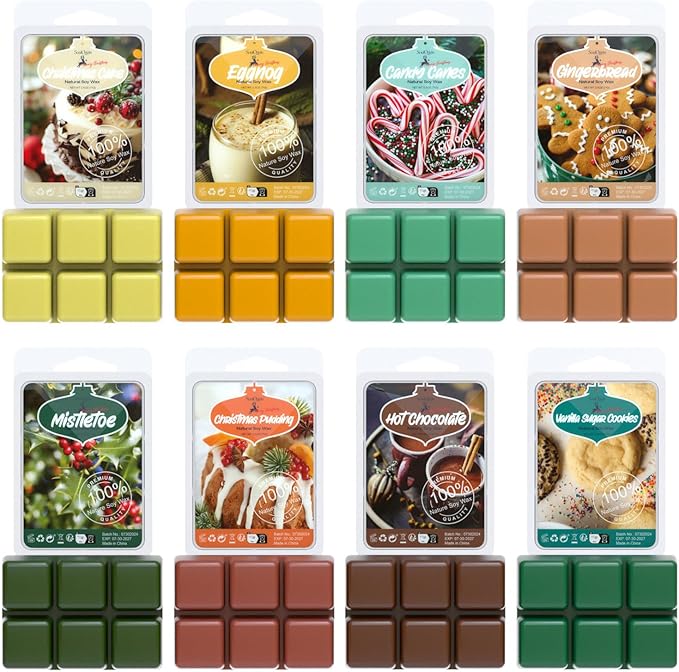 Christmas Wax Melts,Scented Soy Wax Cubes Set for Wax Warmer-Christmas Cake, Eggnog,Candy Canes, Gingerbread, Mistletoe, Christmas Pudding, Hot Chocolate, and Vanilla Sugar Cookies, 8x2.5oz