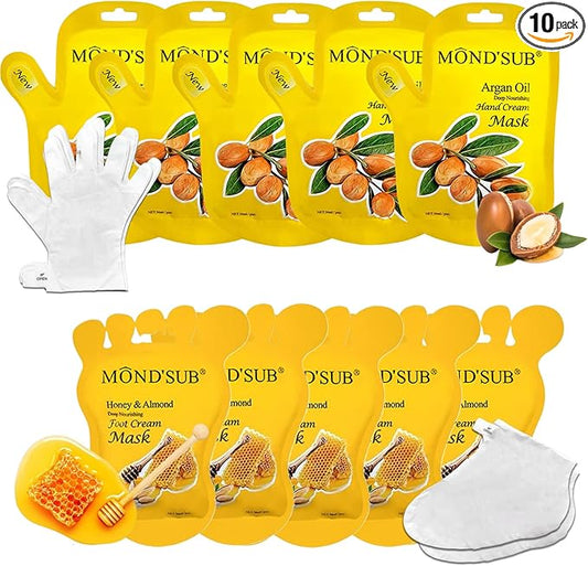 Elitzia Hand Foot Mask Hydrating 5 Packs Argan Oil Gloves 5 Packs Honey Almond Socks Masks Nourishing Moisturizing Repairing Spa Multipack Masks Women Dry Cracked Skin Care ETAHM