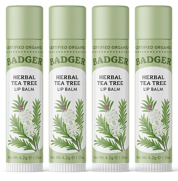 Badger Tea Tree Classic Lip Balm, 100% Organic Lip Balm, Moisturizing Herbal Lip Care w/Light Silky Texture, Soothing & Refreshing Lip Care for Irritated or Chapped Lips, 4 Pack