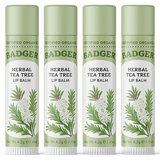 Badger Tea Tree Classic Lip Balm, 100% Organic Lip Balm, Moisturizing Herbal Lip Care w/Light Silky Texture, Soothing & Refreshing Lip Care for Irritated or Chapped Lips, 4 Pack