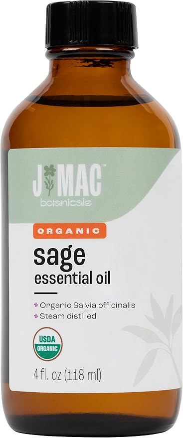 J Mac Botanicals, Organic Sage Oil (4 oz Glass Bottle, no Dropper), Organic Salvia Officinalis Essential Oil, Skincare, Massage, diffusers, Bath Bombs and Shower Steamers