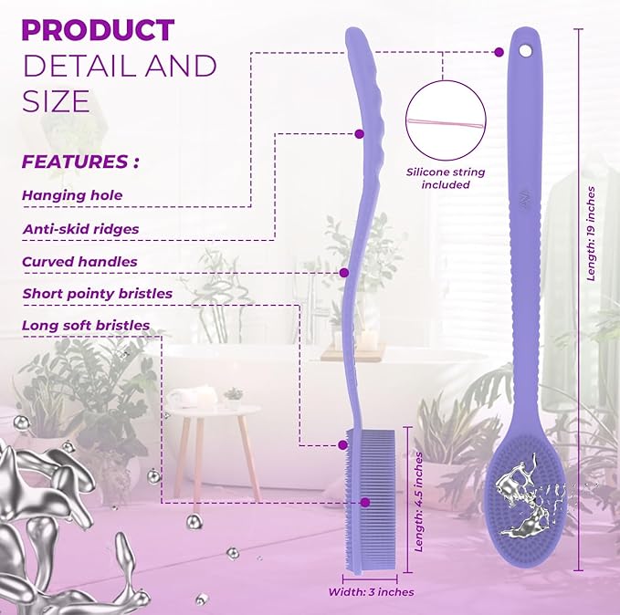 Avilana Silicone Body Scrubber - Food Grade & Lab Tested, Gentle Exfoliating Shower Brush for All Skin Types, Hygienic Quick-Dry Loofah Alternative (Dark Gray, Long Handle-Silver)