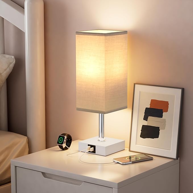 Ambimall Touch Control Table Lamp with USB A+C Charging Ports - 3 Way Touch Lamps Bedside, Nightstand Lamp for Bedrooms Living Room Nursery, LED Bulb Included(Grey Shade)