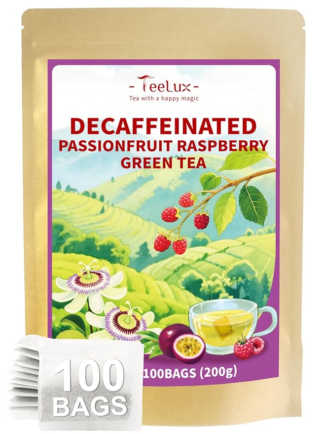 TeeLux Decaf Passionfruit Raspberry Green Tea, Passion Fruit & Raspberry Flavored Decaffeinated Green Tea, Aromatic & Refreshing, 100 Count