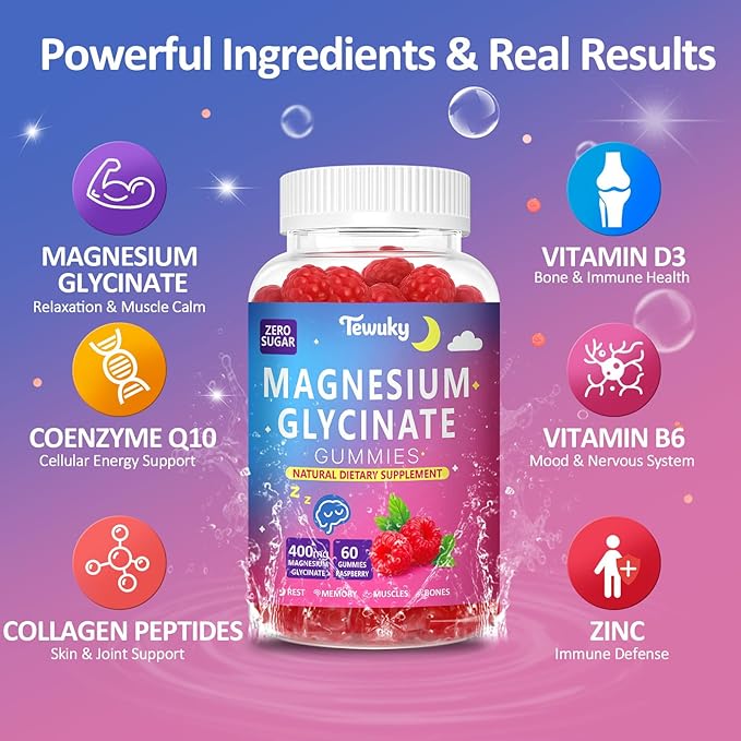 Magnesium Glycinate Gummies 400mg - Sugar Free Vegan Gummies for Adults & Kids with Vitamin D3, B6, C, CoQ10, Collagen, Zinc - Sleep, Muscle, Bone & Memory Support - 60 Raspberry Chewables