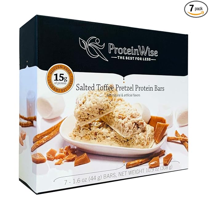 PROTEINWISE - Salted Toffee Pretzel Protein Bars, High Fiber, High Protein Low Carb Snacks for Weight Loss – Healthy Snack Bars, Low Calorie, Diet-Friendly, Trans Fat-Free, 7 Servings/Box
