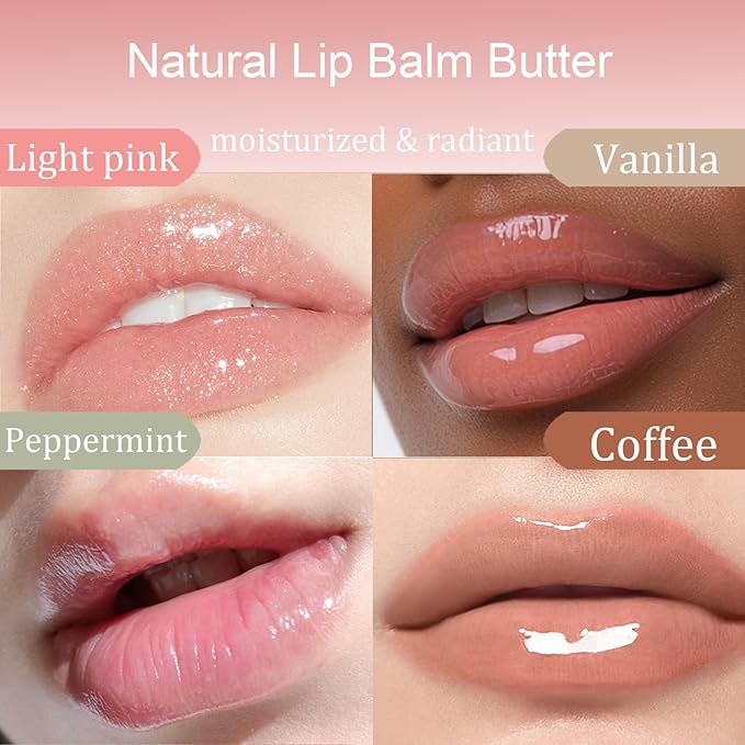 4 PCS Summer Lip Glossy Butter Balm Set, Tinted Lip Balm Long-Lasting Hydrating and Moisturizer, Glitter Lip Glossy Soften Dry Lips and Lip Care, Christmas, Birthdays Gifts for Women and Teen Girls