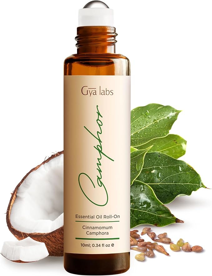 Gya Labs Camphor Essential Oil Roll On - 0.34 Fl Oz - Travel Size Roller for Camping, Skin, Aromatherapy Relief, Convenience