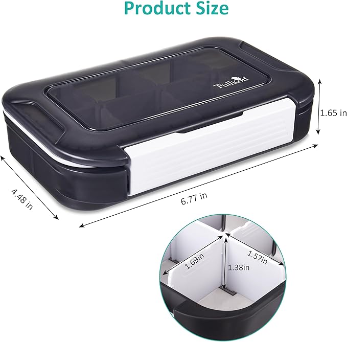 Fullicon Large Pill Organizer with 8 Compartments, Moisture Proof Travel Pill Box with Removable Divider, Daily Pill Container with Lables, Pill Case for Vitamin, Fish Oil, Supplement (Black)