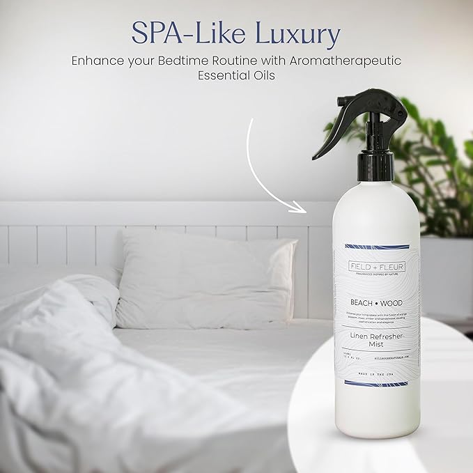 FIELD FLEUR Beachwood Linen & Room Spray 15.5 oz - Aromatic & Refreshing Bedding & Fabric Mist - Air Freshener for Clothes & Sofas - Notes of Peach, Orange Blossom, Moss & Sandalwood -Made in USA