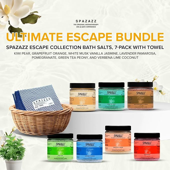 Hot Tub & Spa Bath Salt Aromatherapy Crystals - Spazazz Escape Collection 4 Oz 7-Pack Sampler & Hot Cold Towel - Lavender, Lime Coconut, Green Tea, Vanilla Jasmine, Kiwi Pear, Grapefruit, Pomegranate